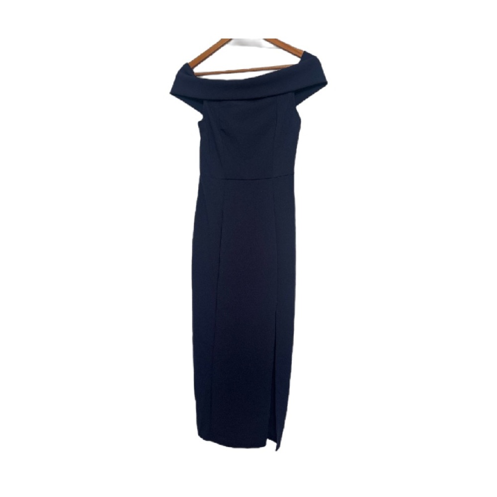 Windsor Blue Off-Shoulder Slit Midi Dress
